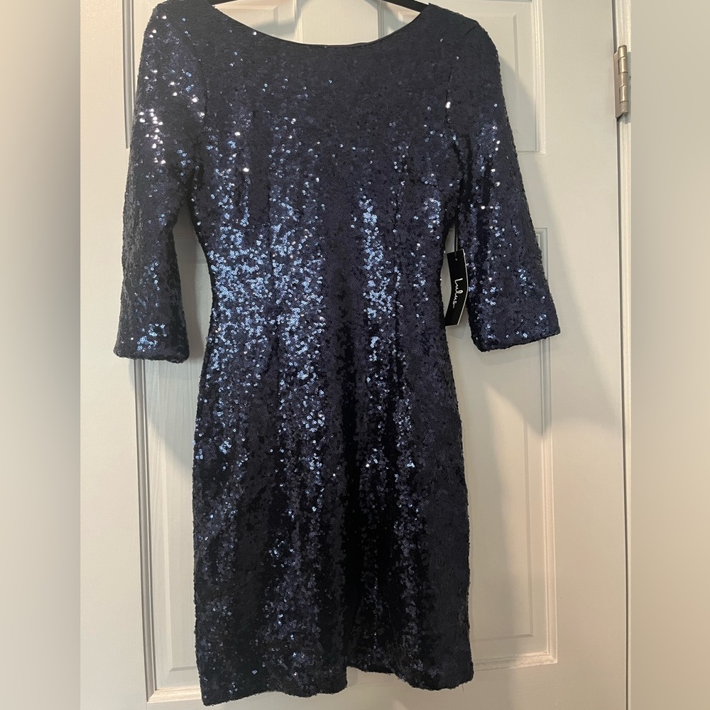 LULUS Long Sleeve Navy Blue Sequin Dress Size Medium